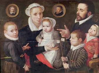 Porträt einer Familie: Eltern mit ihren Kindern und Vorfahren, 1577